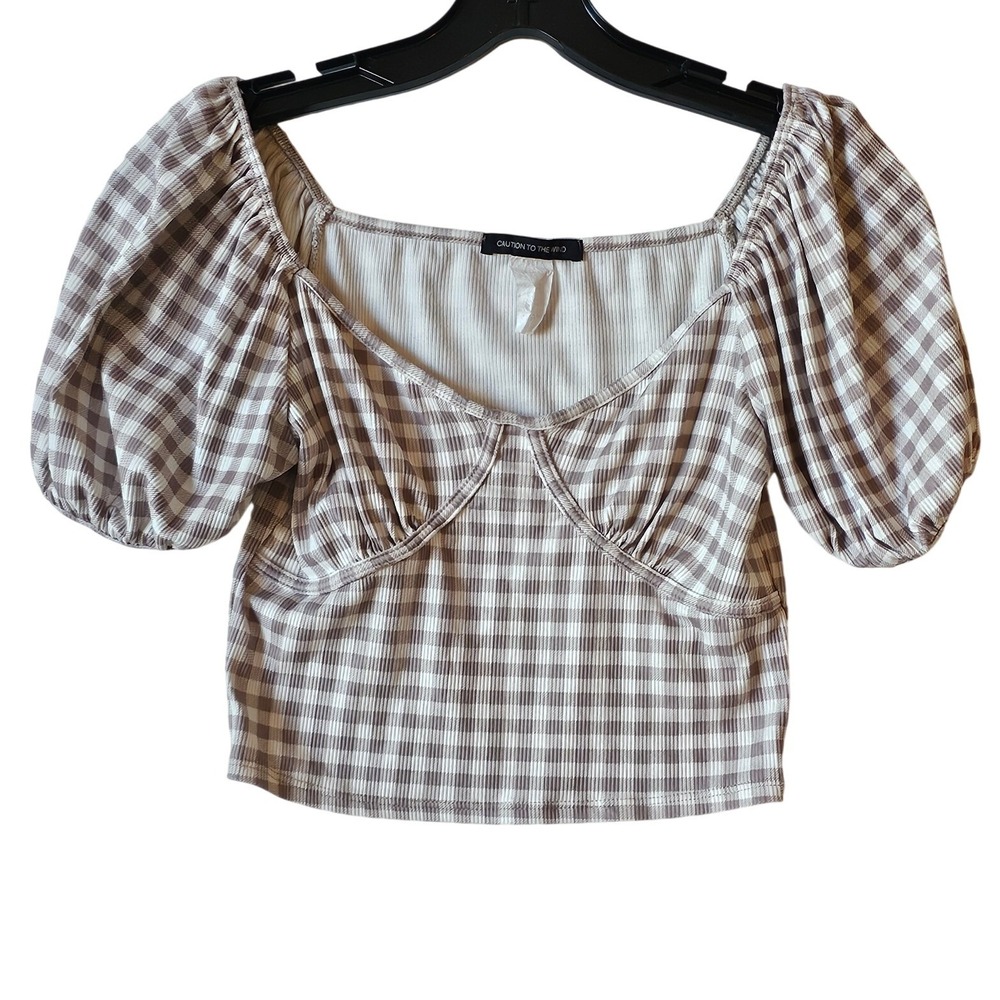 CAUTION TO THE WIND Gingham Coquette Puff Sleeve Square‎ Neck Crop Top